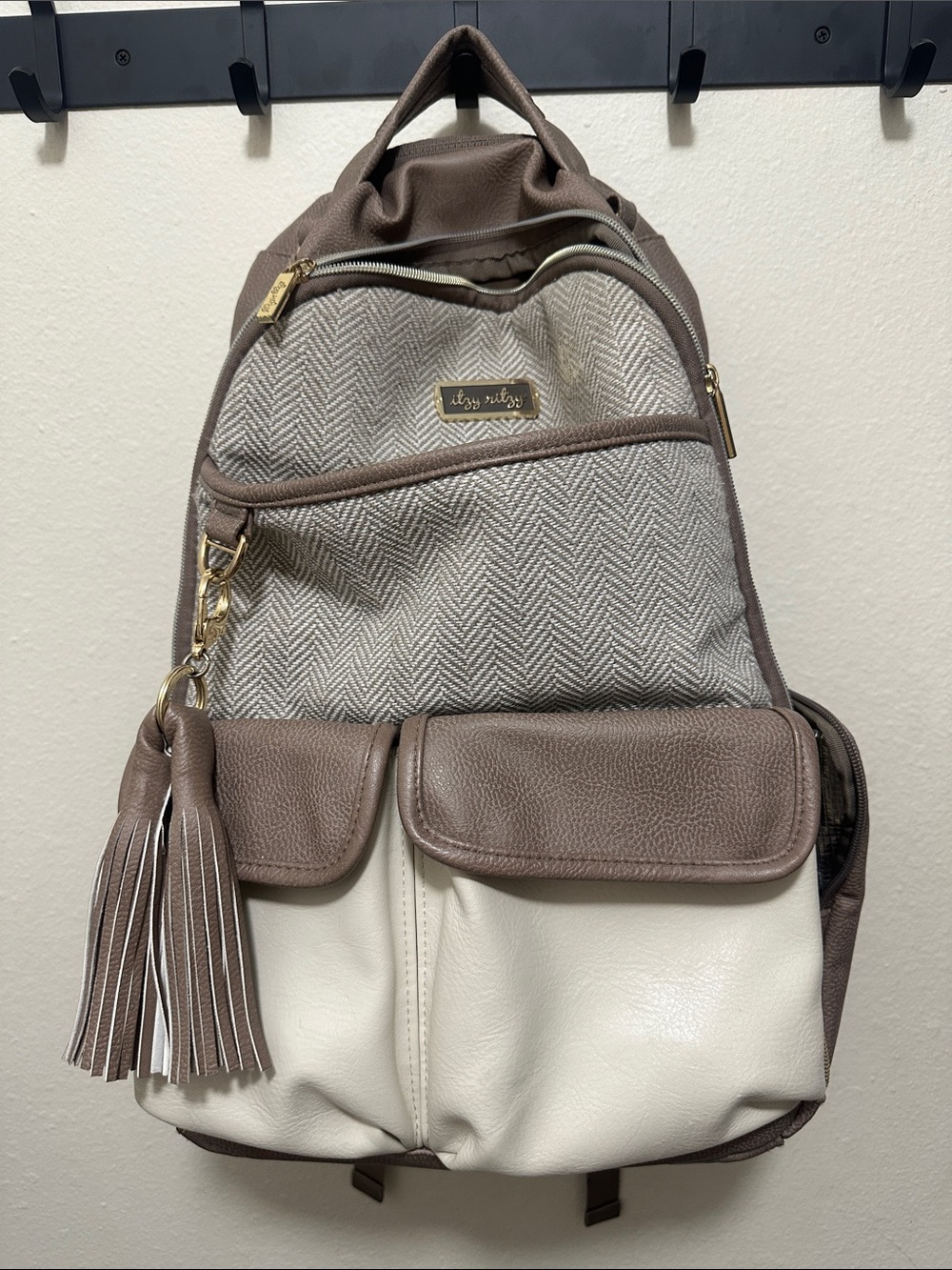 Itzy Ritzy Taupe & Cream Herringbone Large Backpack